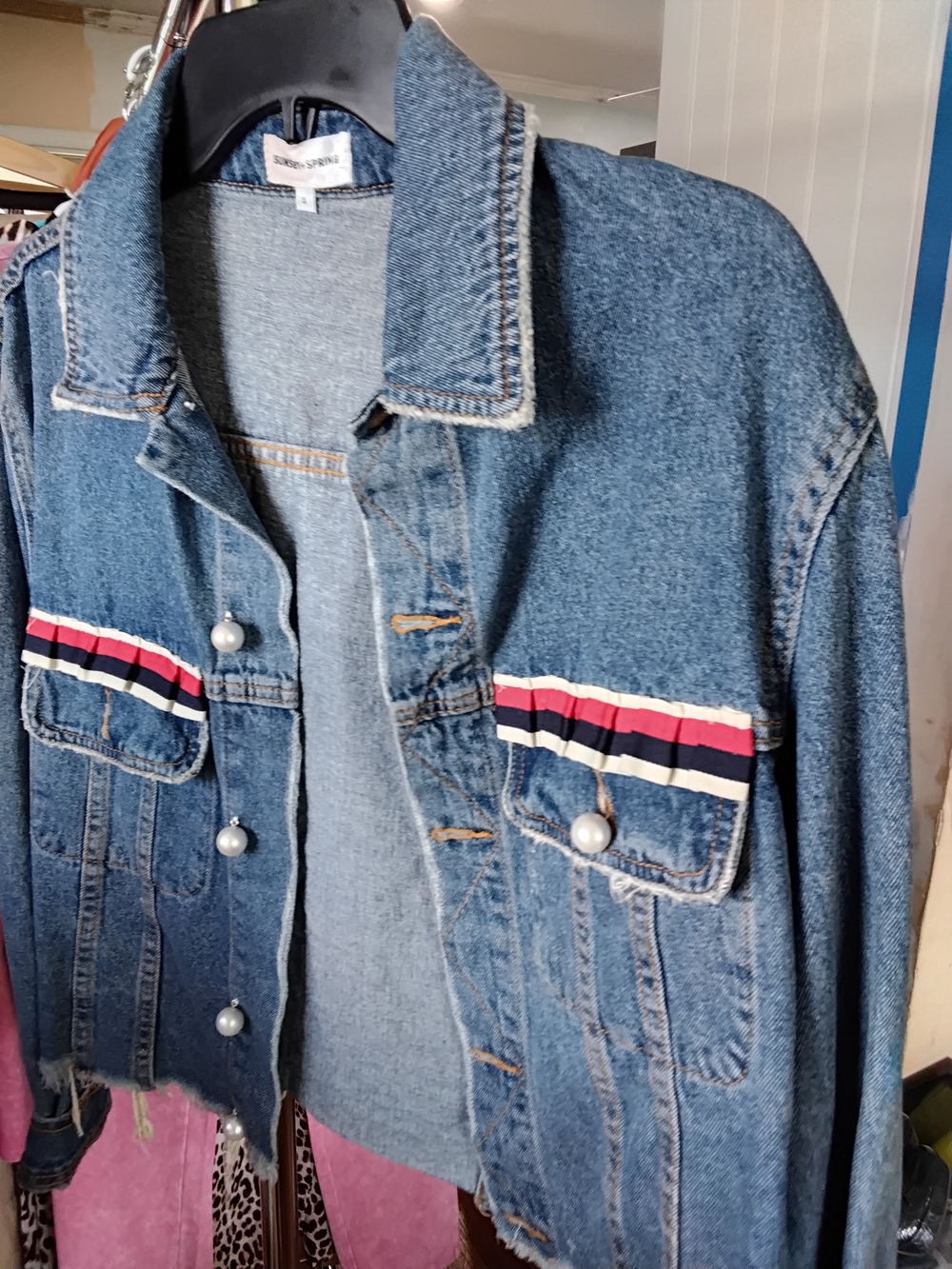 Women’s Denim Jacket with Red, White & Navy Stripe Accent